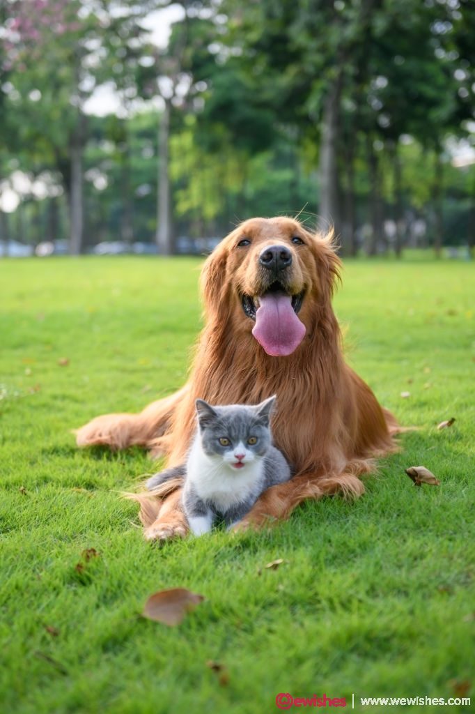 Golden retriever and Kitten playing in the meadow